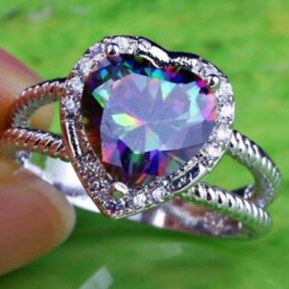Silver Mystic Topaz Heart Cocktail Ring Size 10 11 12 13 Rhodium Plated - Picture 2 of 8